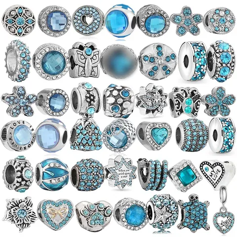 Blue Crystal Heart Flower Star Butterfly Charms For DIY Bracelet Making Alloy Silver Plated Rhinestone Beads Women Jewelry Accessory