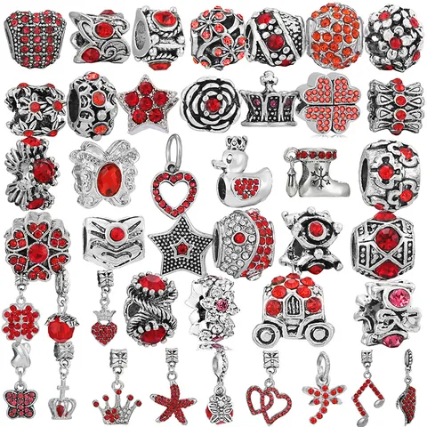Vintage Alloy Red Rhinestone Charms DIY Jewelry Accessories Crown Heart Four-Leaf Clover Beads For Bracelets Women Gifts