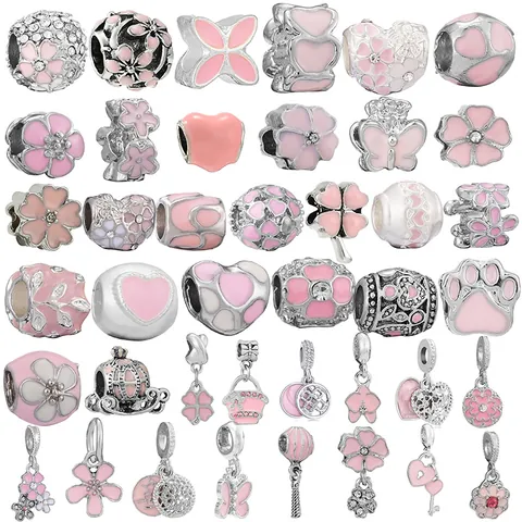 Pink Alloy Enamel Flower Heart Butterfly Charms For DIY Bracelets Rhinestone Beads Jewelry Accessories For Women Girls