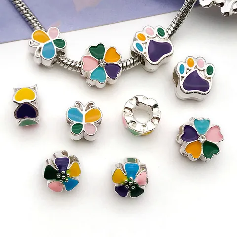 DIY Legierung Emaille Großlochperlen Bunte Blume Schmetterling Herz Pfote Strass Anhänger Perlen Für Armband Schmuckherstellung