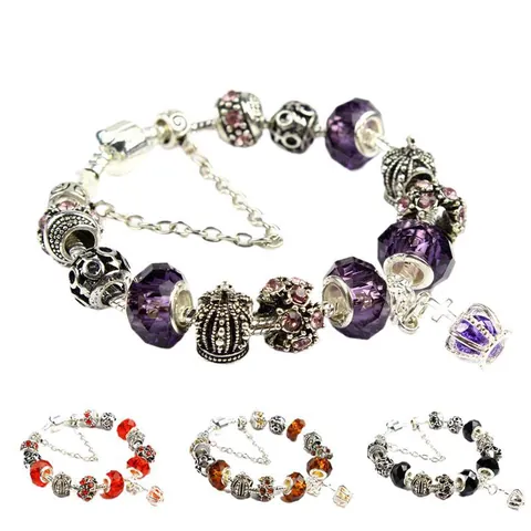 European Colorful Crystal Bracelet Women DIY Beaded Snake Chain Bracelet With Crown Heart Cross Pendant Luxury Jewelry Gift