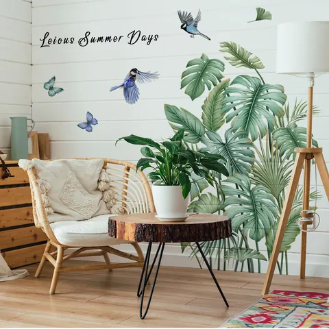 Tropische Pflanzen Wandaufkleber Monstera Blätter Vögel Schmetterlinge Selbstklebend PVC Wandbild Wohnzimmer Schlafzimmer Deko