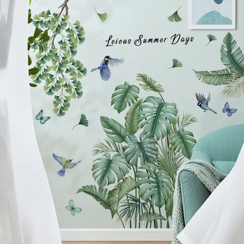Tropische Pflanzen Wandaufkleber Monstera Blätter Vögel Schmetterlinge Selbstklebend PVC Wandbild Wohnzimmer Schlafzimmer Deko