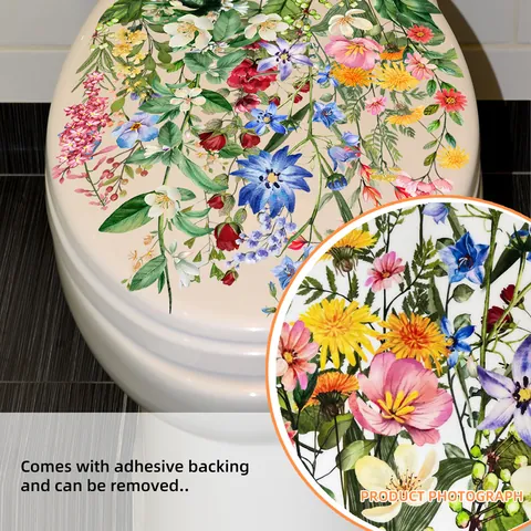 Adesivo per WC con Fiori Selvatici ad Acquerello Autoadesivo Impermeabile Decalcomania da Parete Bagno Floreale Decorazione Casa
