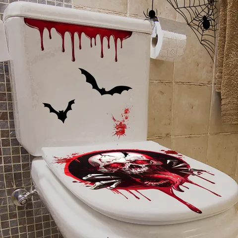Halloween Horror Skull Toilet Stickers Bloody Handprint Bat Spider Web Waterproof PVC Wall Decals For Bathroom Home Party Decoration