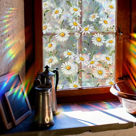 Madeliefje Regenboog Raamfolie Statische Hechting 3D Glas Decoratieve Sticker Voor Huis Badkamer Kantoor Prismatisch