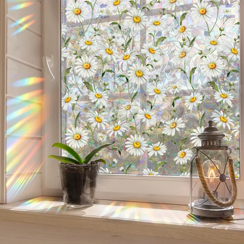 Madeliefje Regenboog Raamfolie Statische Hechting 3D Glas Decoratieve Sticker Voor Huis Badkamer Kantoor Prismatisch