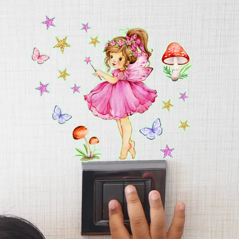 Cartoon Leuchtende Wandtattoo Leuchtet Im Dunkeln Fee Mädchen Pilz Stern Schmetterling DIY Lichtschalter Aufkleber Kinder