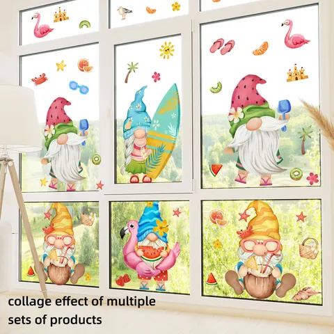 Pegatinas de Ventana de Gnomos de Playa de Verano Estáticas Sandía Flamenco Tabla de Surf Decoración de Vidrio Doble Cara