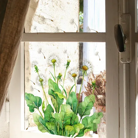 Fresh Dandelion Green Leaf Window Sticker Double Sided Visible Glass Decal Self Adhesive PVC Wall Sticker For Home Shop Decor