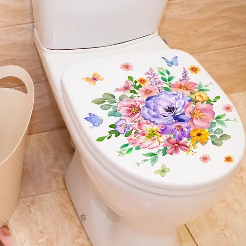 Waterdicht Bloemen Vlinder Toiletsticker PVC Verwijderbare Aquarel Bloemencluster Decals Voor Badkamer Toilet Decor