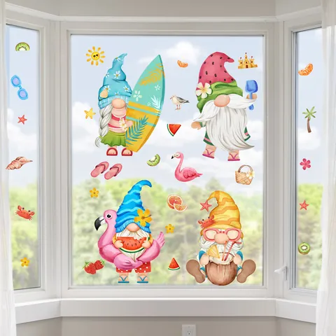 Pegatinas de Ventana de Gnomos de Playa de Verano Estáticas Sandía Flamenco Tabla de Surf Decoración de Vidrio Doble Cara