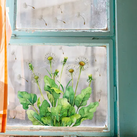 Fresh Dandelion Green Leaf Window Sticker Double Sided Visible Glass Decal Self Adhesive PVC Wall Sticker For Home Shop Decor