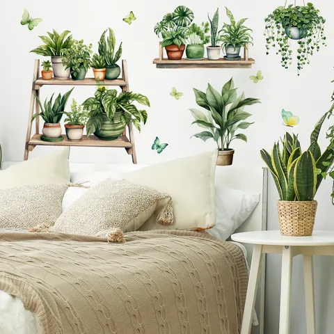 Pegatinas de Pared de PVC Con Plantas en Maceta en Acuarela Estante de Madera Mariposa Para Sala de Estar Dormitorio Cocina