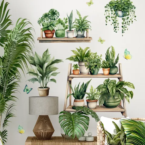 Pegatinas de Pared de PVC Con Plantas en Maceta en Acuarela Estante de Madera Mariposa Para Sala de Estar Dormitorio Cocina