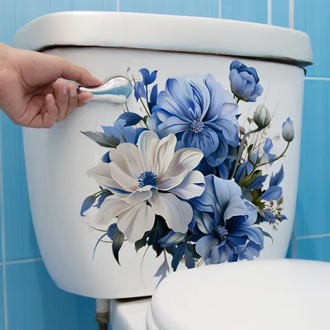 Pegatina Creativa de Flores Azules para Inodoro Impermeable Autoadesiva Decoración de Baño Calcomanía de Pared Floral para Tapa de Inodoro