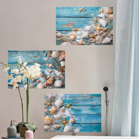 Ocean Coastal Beach Shell Starfish Wall Stickers Waterproof PVC Blue Wood Grain Decorative Decals For Bathroom Home Decor