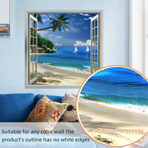 3D False Window Beach Landscape Wall Sticker Tropical Sea View Palm Trees Sailboat PVC Self Adhesive Decal Home Decor