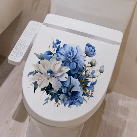 Pegatina Creativa de Flores Azules para Inodoro Impermeable Autoadesiva Decoración de Baño Calcomanía de Pared Floral para Tapa de Inodoro