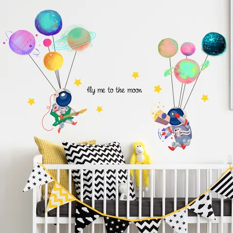 Cartoon Astronaut Space Planet Wall Stickers For Kids Room Nursery Bedroom Home Decor PVC Removable DIY Art Decal