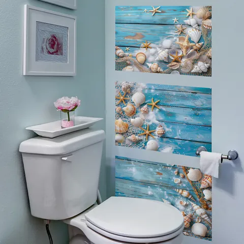 Ocean Coastal Beach Shell Starfish Wall Stickers Waterproof PVC Blue Wood Grain Decorative Decals For Bathroom Home Decor