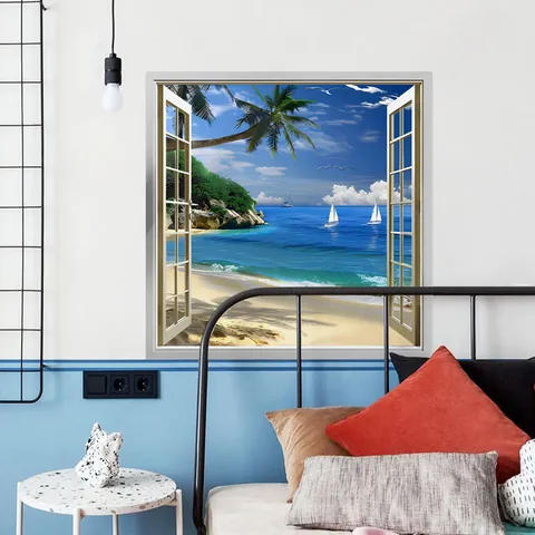 3D False Window Beach Landscape Wall Sticker Tropical Sea View Palm Trees Sailboat PVC Self Adhesive Decal Home Decor