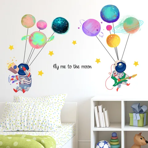 Cartoon Astronaut Space Planet Wall Stickers For Kids Room Nursery Bedroom Home Decor PVC Removable DIY Art Decal