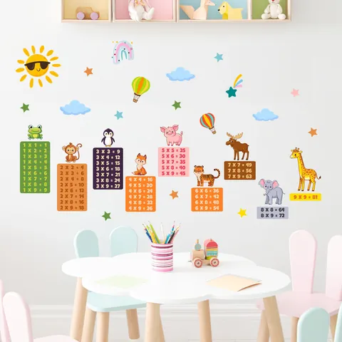 Multiplication Table Wall Sticker Cartoon Animal PVC Self Adhesive Educational Chart For Kids Room Study Bedroom Decoration