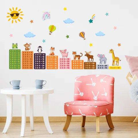 Multiplication Table Wall Sticker Cartoon Animal PVC Self Adhesive Educational Chart For Kids Room Study Bedroom Decoration