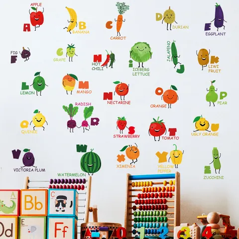Cartoon Alphabet Fruit Vegetable Wall Stickers For Kids Room ABC Learning Decals PVC Waterproof Educational Nursery Decor