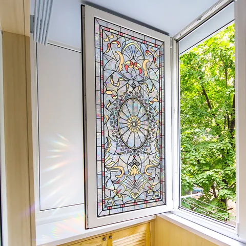 Retro Stained Glass Window Film Static Cling Privacy Film European Floral Geometric Pattern Rainbow Effect Decorative Sticker