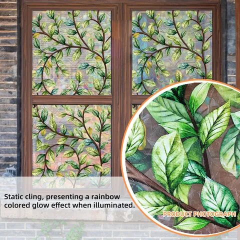Luxury Rainbow Window Privacy Film Static Cling Green Leaf Vine Pattern Removable Decorative Glass Sticker For Home Office