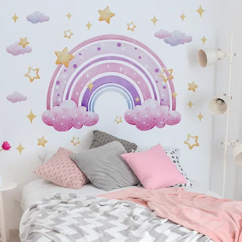 Creative Rainbow Star Cloud Wall Sticker PVC Watercolor Self-Adhesive Decal For Kids Room Bedroom Home Decor BM6077