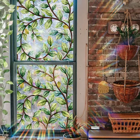 Luxury Rainbow Window Privacy Film Static Cling Green Leaf Vine Pattern Removable Decorative Glass Sticker For Home Office