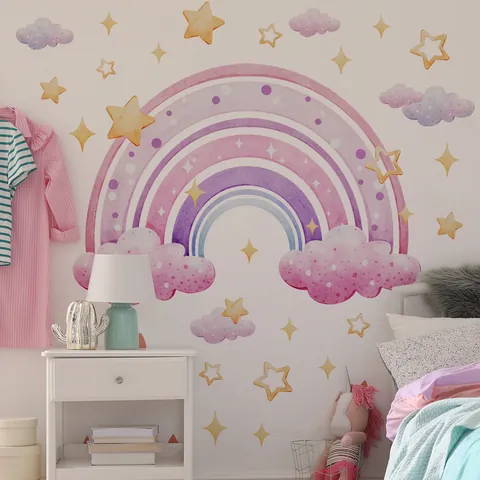 Creative Rainbow Star Cloud Wall Sticker PVC Watercolor Self-Adhesive Decal For Kids Room Bedroom Home Decor BM6077