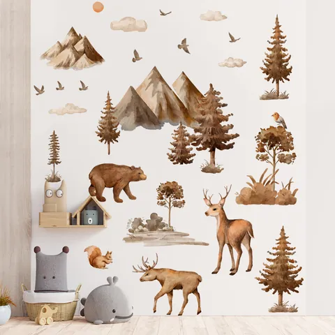 Nordic Forest Animals Wall Stickers PVC Watercolor Mountain Bear Deer Pine Trees Nursery Decor Removable DIY Wallpaper For Kids Room