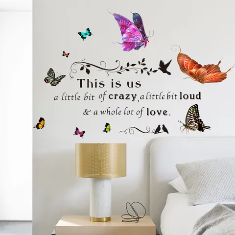 3D Colorful Butterfly Bird Wall Sticker Romantic Love Quote Floral Vine PVC Removable Art Decal For Home Bedroom Decor