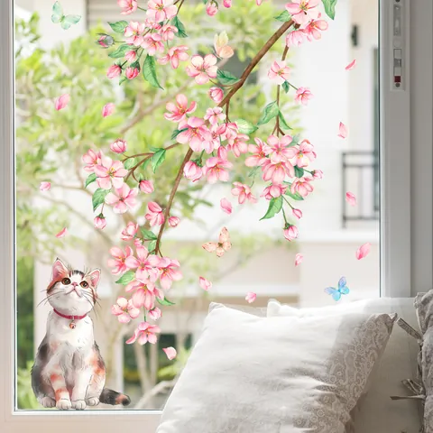 Pegatina de Ventana de Flores de Cerezo Gato y Mariposa Acuarela Adherencia Estática PVC Impermeable Decoración Hogar