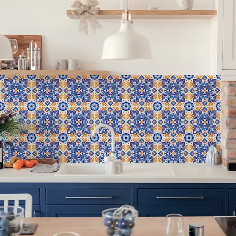 French Retro Mandala Pattern Tile Stickers Waterproof PVC Self Adhesive Wall Decals For Kitchen Bathroom Home Decor
