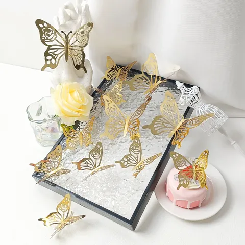 3D Mirror Rose Gold Hollow Butterfly Wall Stickers Rose Pattern Decorative Art Stickers For Home Bedroom Wedding Party Background Decor