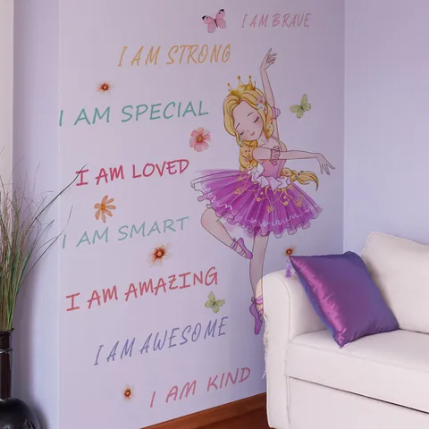 Cartoon Ballet Girl Wall Sticker PVC Watercolor Floral Butterfly Decal For Kids Bedroom Nursery Decor Removable Home Art
