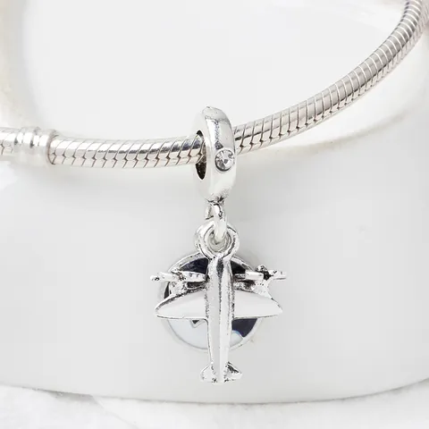 Fashion Silver Tone Alloy Propeller Airplane Pendant Charm With Blue Enamel Disc And Zirconia For DIY Bracelet Women Jewelry