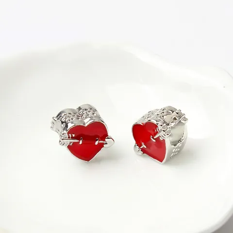 Alloy Red Enamel Heart Arrow Charm Cupid Large Hole Beads For DIY Bracelet Necklace Jewelry Making Romantic Gift For Women