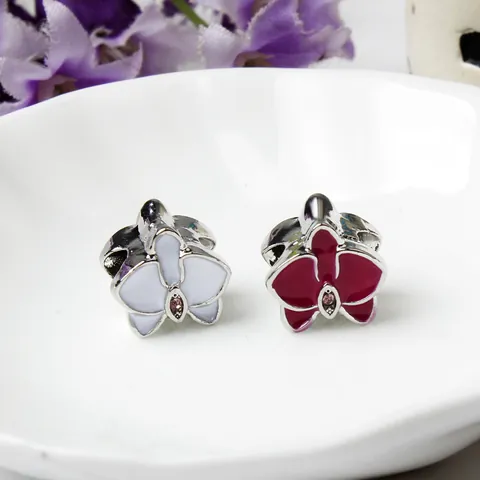 DIY Alloy Enamel Orchid Flower Charms With Zirconia Inlay For Snake Chain Bracelets Pink Red White Floral Beads Jewelry Making