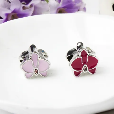 DIY Alloy Enamel Orchid Flower Charms With Zirconia Inlay For Snake Chain Bracelets Pink Red White Floral Beads Jewelry Making