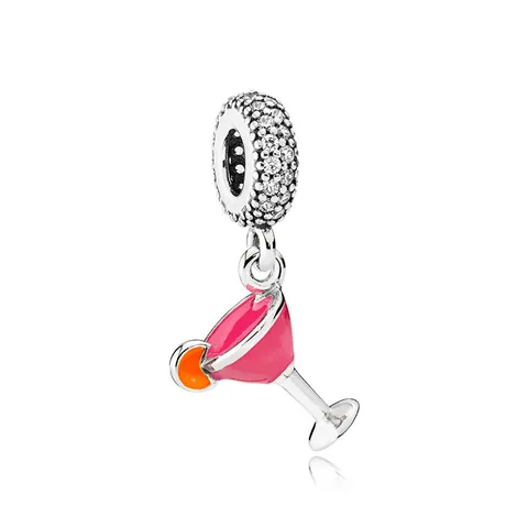 Alloy Martini Cocktail Wine Glass Dangle Charm With Pink Enamel Cubic Zirconia For Women Bracelet DIY Jewelry Making Accessory