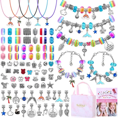 Kit de Creación de Joyas DIY para Niños Cuentas de Aleación Colgantes Cuentas de Vidrio Collares de Cordón Pulseras Caja Rosa