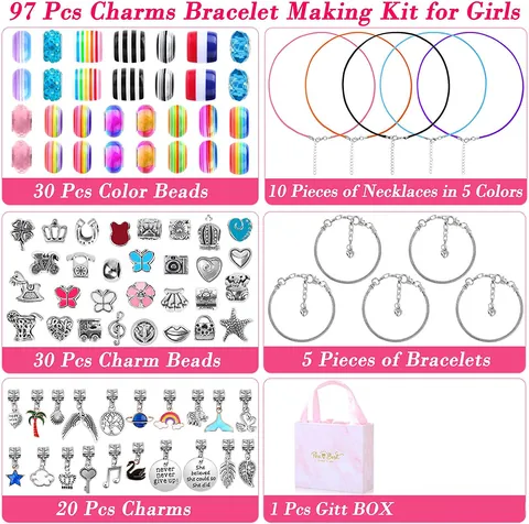 Kit de Creación de Joyas DIY para Niños Cuentas de Aleación Colgantes Cuentas de Vidrio Collares de Cordón Pulseras Caja Rosa