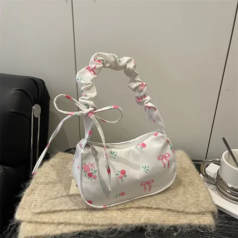 Sac Sous le Bras Doux Floral avec Nœud et Poignée Froncée Vintage Imprimé Roses Nylon Petit Sac Hobo Tendance Sac à Main