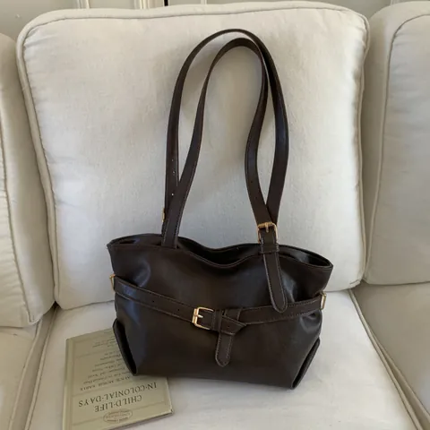 Vintage Minimalist PU Leather Underarm Bag For Women Large Capacity Solid Color Shoulder Bag With Belt Buckle Decor